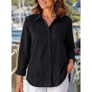 Avenue Womens Button Down Shirt Black 14/16 Eyelet Cotton Casual‎ Minimalist